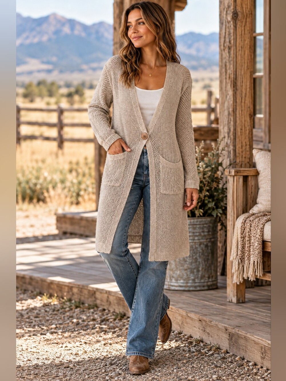 Signature Weekend Beige Open Knit Longline Cardigan Sweater | Button SM